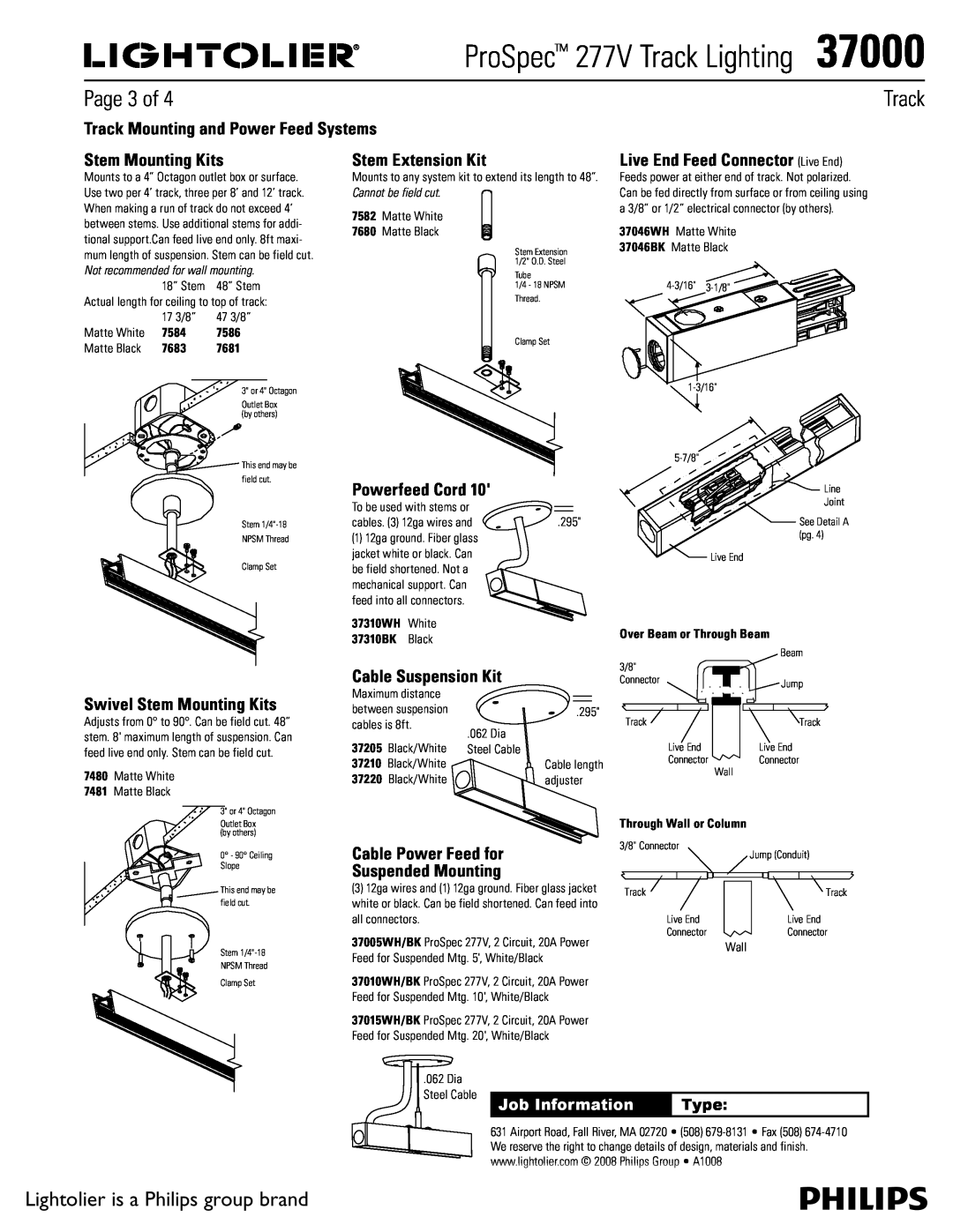 Lightolier 37000 ProSpec 277V Track Lighting , Page 3 of, Stem Mounting Kits, Stem Extension Kit, Powerfeed Cord, 7584 